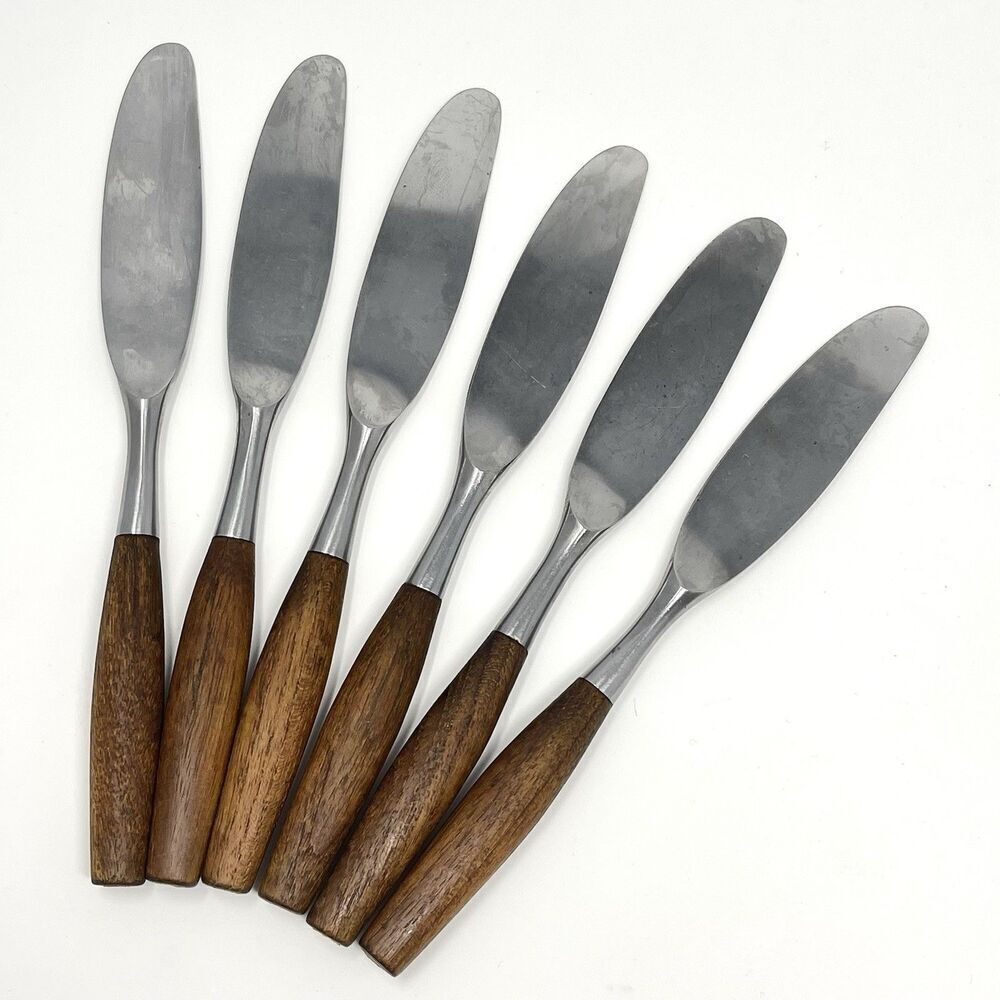 Dansk FJORD Dinner Knives Teak Handle Stainless Steel Germany 8 3/8” Set Of 6